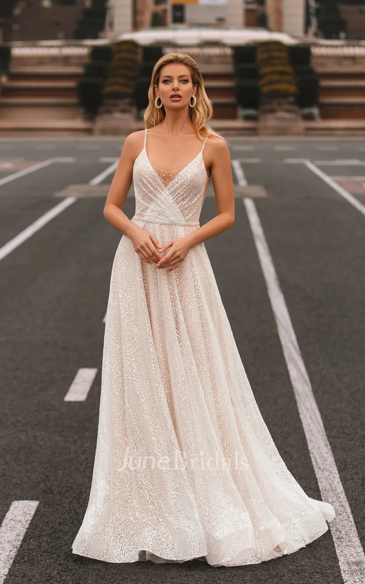 Sparkly Sequins A-Line Spaghetti Strap Beach Maxi Wedding Dress Sexy Elopement Low-V Back Floor Length Sweep Train Bridal Gown