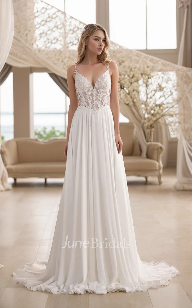 Sexy Elegant Spaghetti A-Line V-neck Lace Appliques Chiffon Wedding Dress Ethereal Romantic Beach Sleeveless Floor-length with Train Backless Zipper Bridal Gown