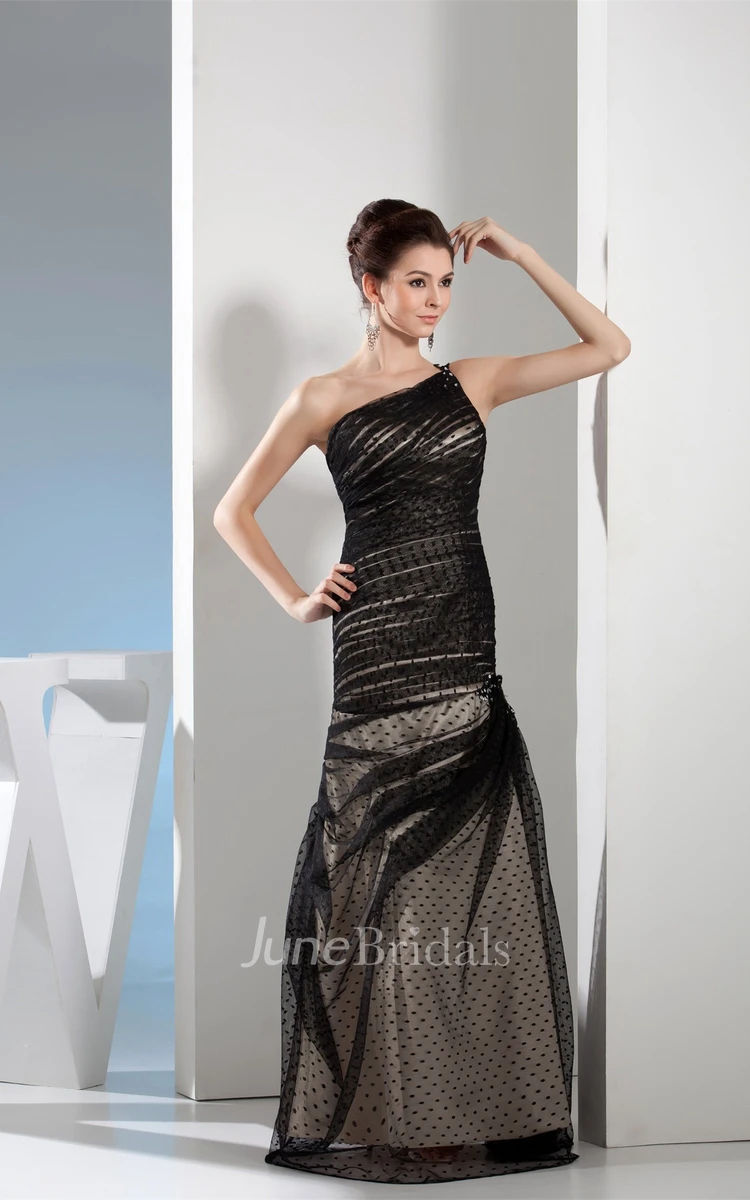 One-Shoulder Ruched Sheath Dress with Buckle and Beading