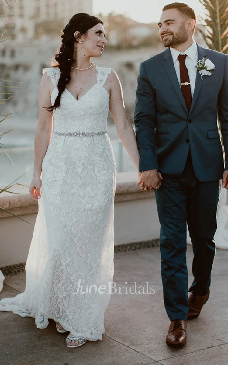 Ethereal Sheath Queen Anne Lace Sweep Train Wedding Dress with Appliques
