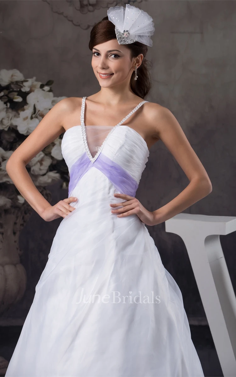 Sleeveless Ruched A-Line Gown with Beading and Court Train