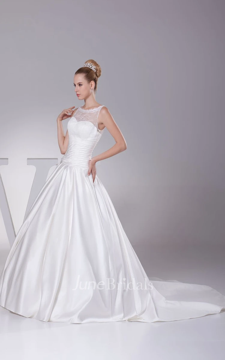 Bateau-Neck Sleeveless Satin A-Line Gown With Ruched Waist
