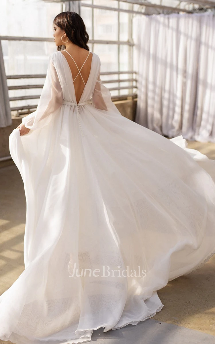 Casual A Line Floor-length Sweep Train Chiffon Bateau Long Sleeve Wedding Dress