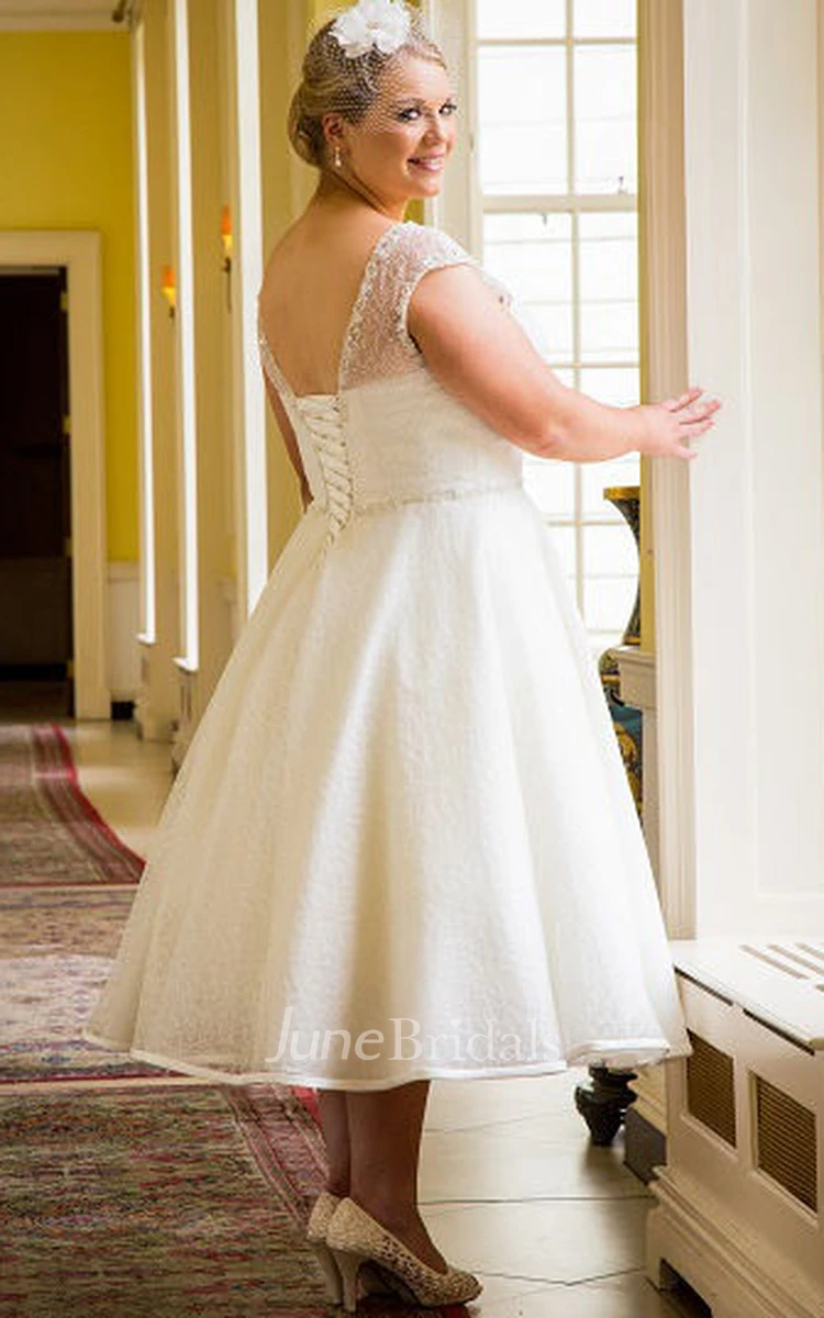 Cap Sleeve Tea Length Bridal Gown With Beading Neck And Waist