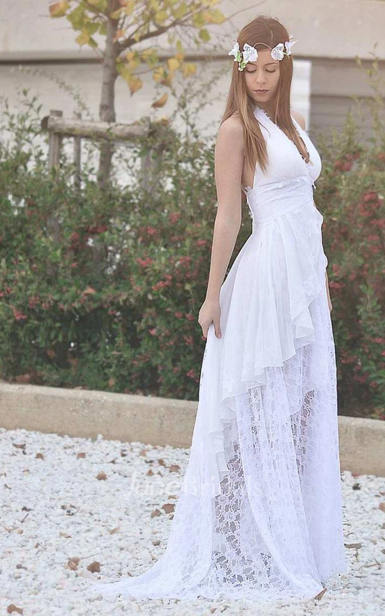 Plunged Haltered A-Line Lace Backless Wedding Dress With Draping