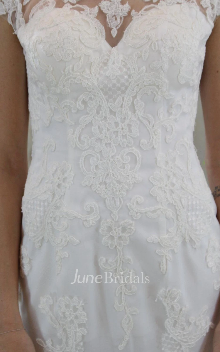Jewel Neck Cap Sleeve Sheath Appliqued Wedding Dress With Sheer Back