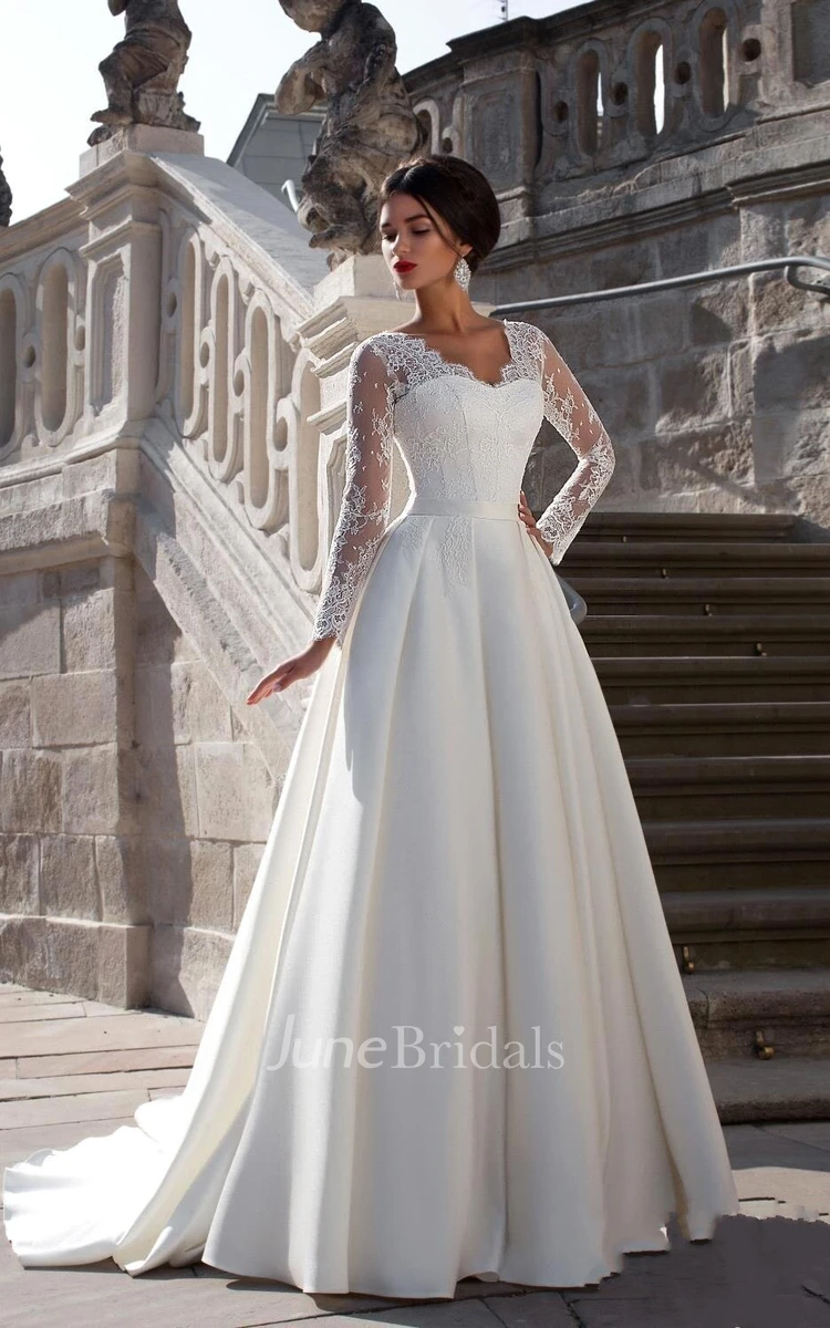 Long Sleeve V-neck A-line Wedding Dress With Lace Bodice And Satin