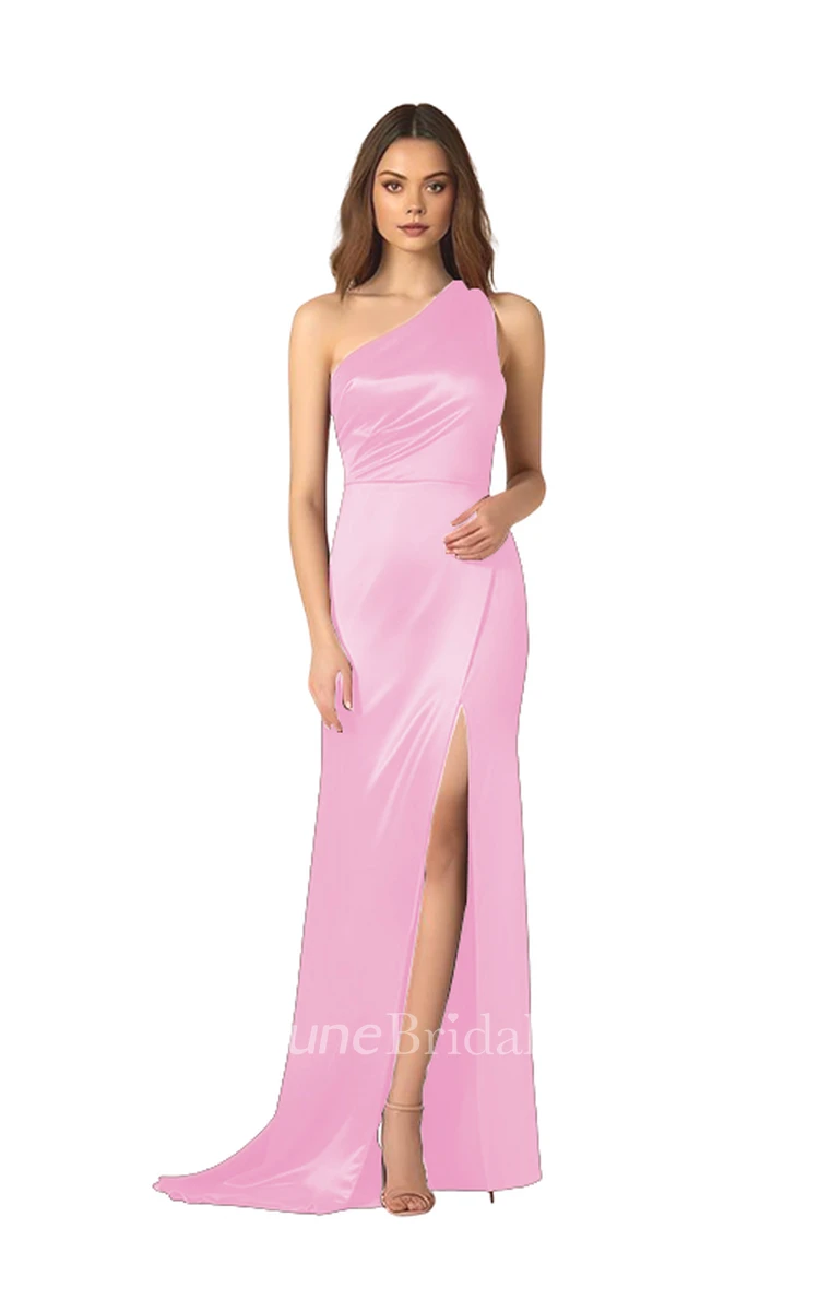 Ethereal Sheath One-shoulder Satin Bridesmaid Dress with Split Front