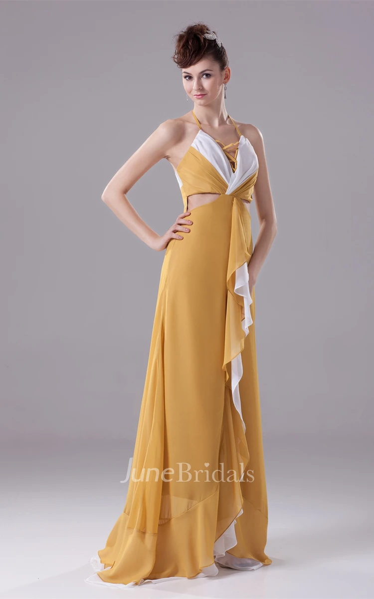 Appliques A-Line V-Neck Side Draping Gown with Side Keyhole and Brush Train
