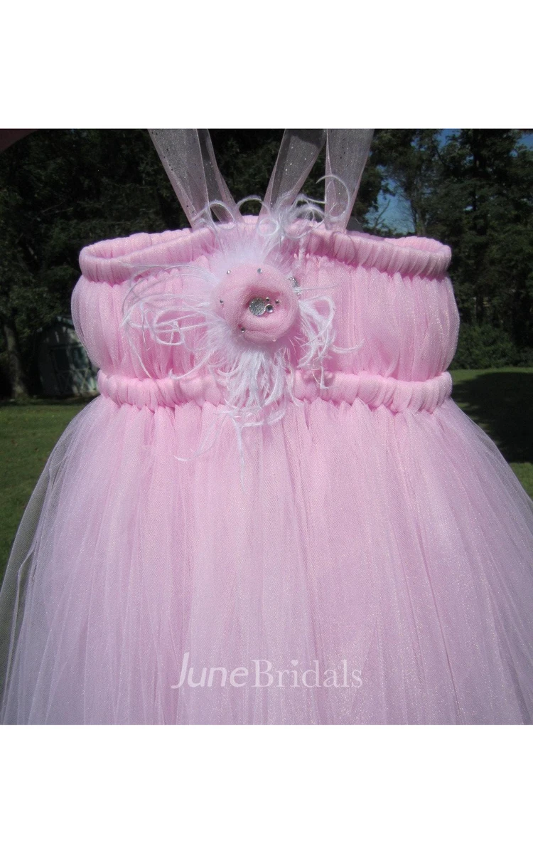 Strapless Halter Neck Pleated Tulle Dress With Flower Detailing