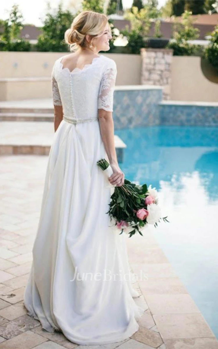 Lace A-line Beading Ivory Half Sleeve Wedding Dress