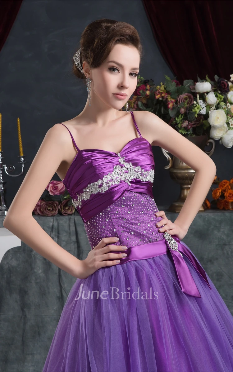 Spaghetti-Strap Beaded A-Line Gown with Pleats and Bow