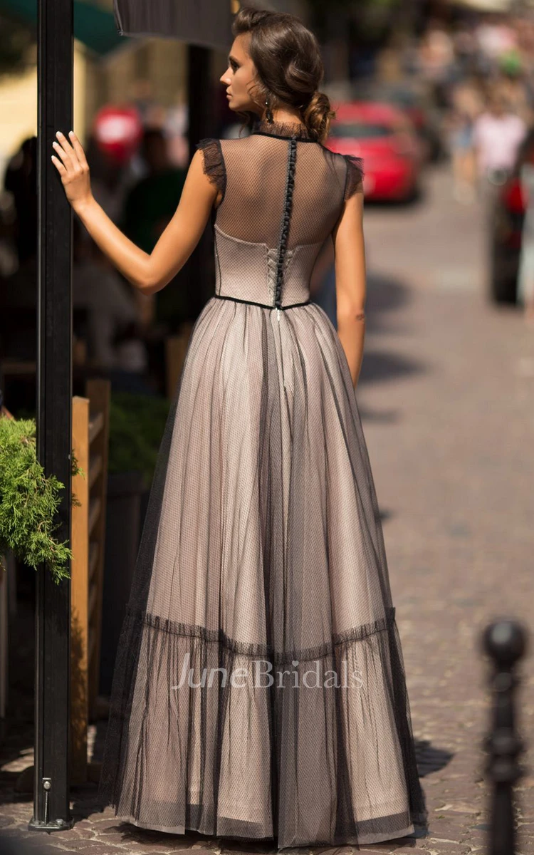 Elegant A Line Sleeveless Tulle High Neck Button Floor-length Evening Dress with Bow