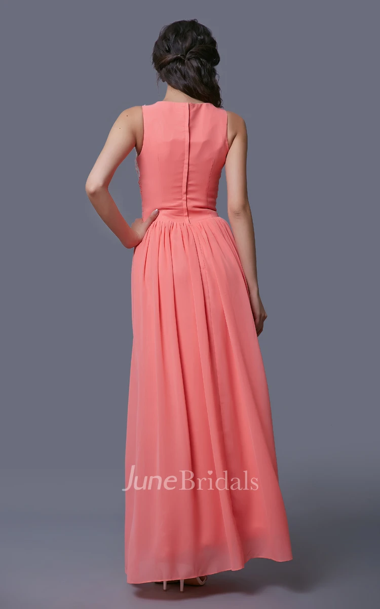 Sleeveless A-Line Chiffon Dress With Lace Appliques and Notched Neck
