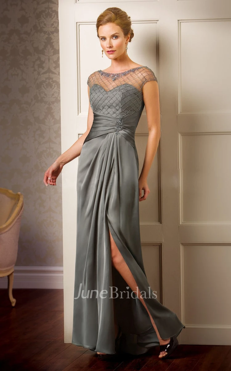 Scoop-neck Beaded Front-split Dress With Beading And Illusion