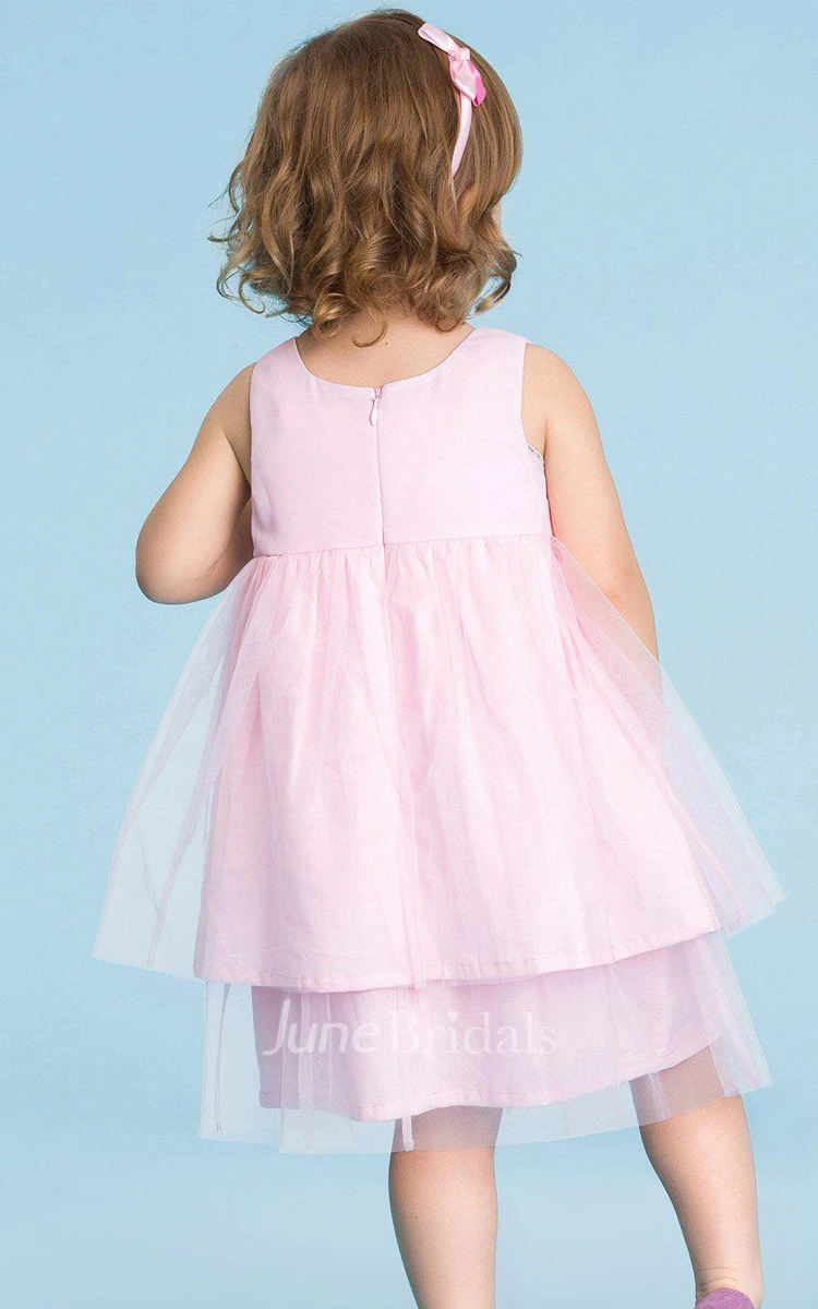 Sleeveless A-line Tiered Tulle Dress With Pleats and Bow