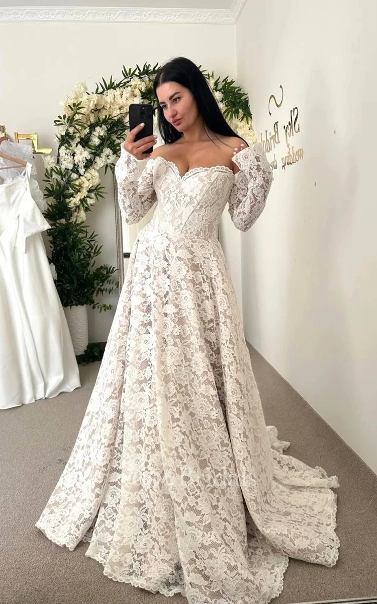 Bohemian Floral Lace Off Shoulder Wedding Dress Vintage Sweetheart A Line Long Sleeve Bridal Gown