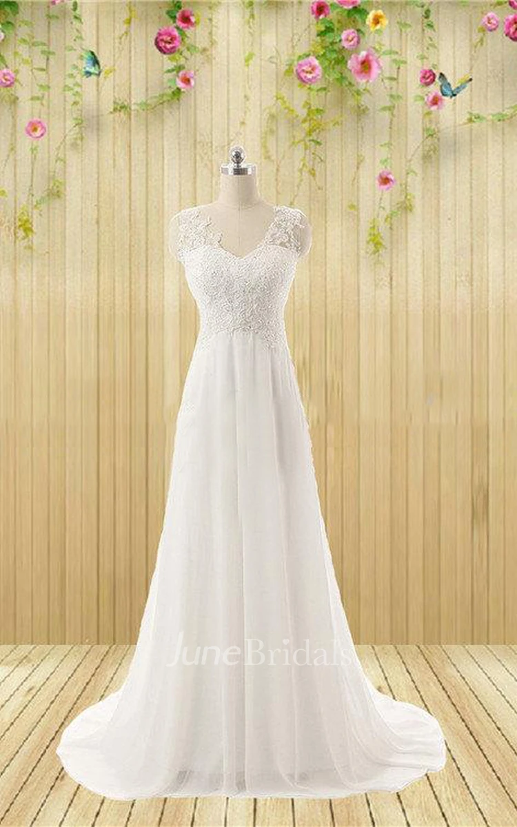 V-Neck Sleeveless Tulle Wedding Dress With Appliques And Beading