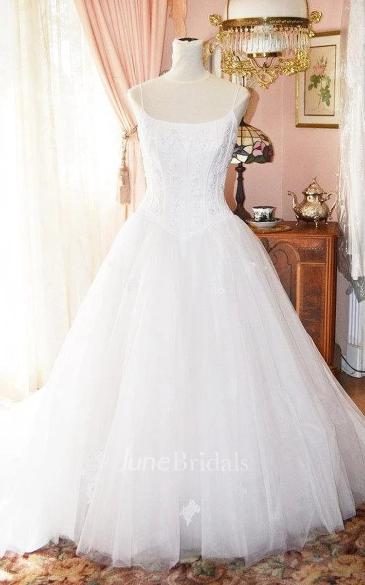 Vintage Spaghetti Strap Pleated Tulle Wedding Gown With Corset Lace Bodice