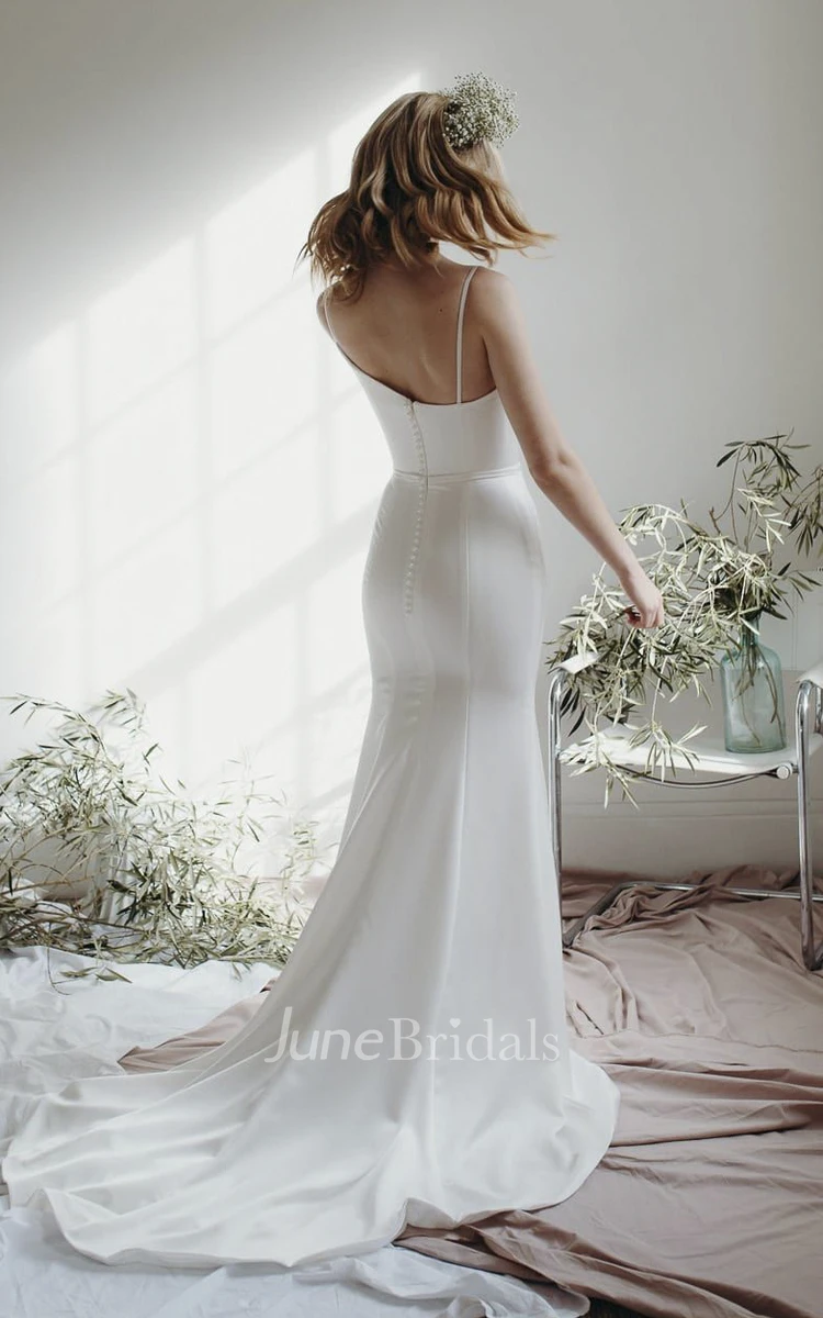 Open Back Simple Asymmetrical Mermaid Bridal Gown With Spaghetti Straps