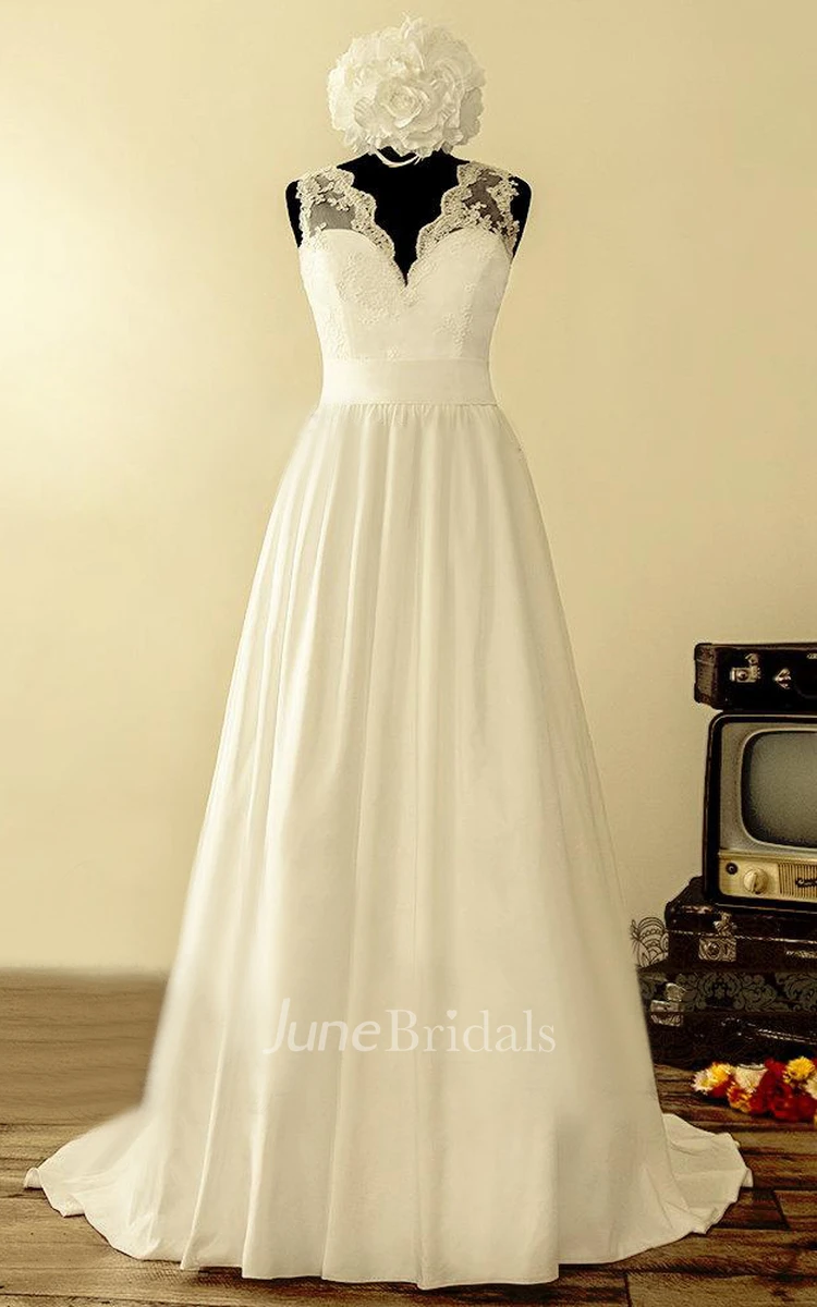 Scalloped Sleeveless Button Back Long Satin Wedding Dress With Flower And Bow