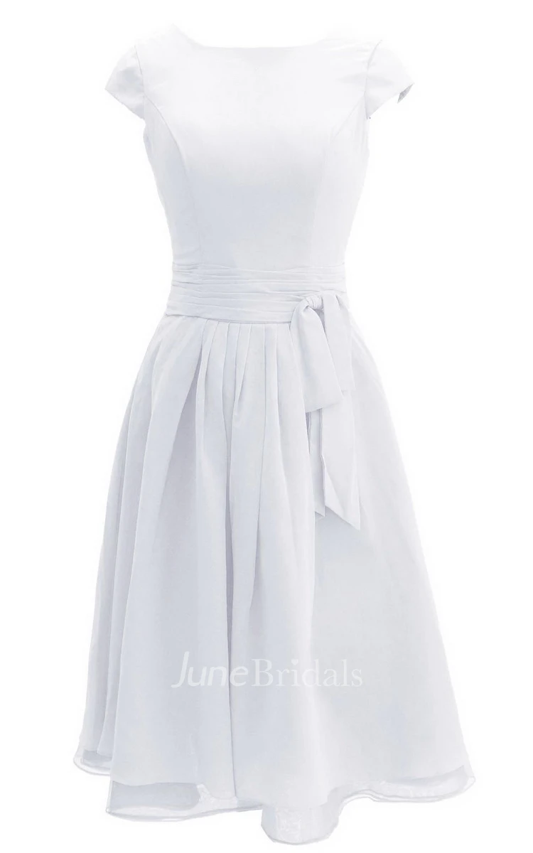Pure Cap-sleeve Bateau Neck A-line Gown With Sash