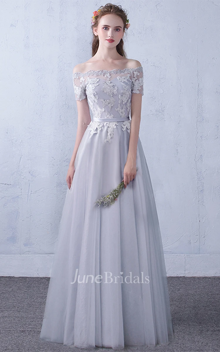 Elegant Lace Tulle Off-the-shoulder A Line Prom Formal Dress With Appliques