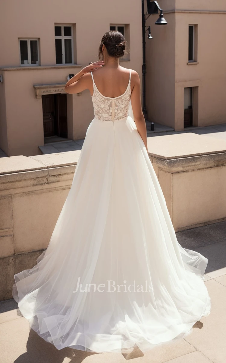 Elegant A-Line Romantic Fall Autumn Wedding Dress Plunging Spaghetti Beading Tulle Bridal Gown