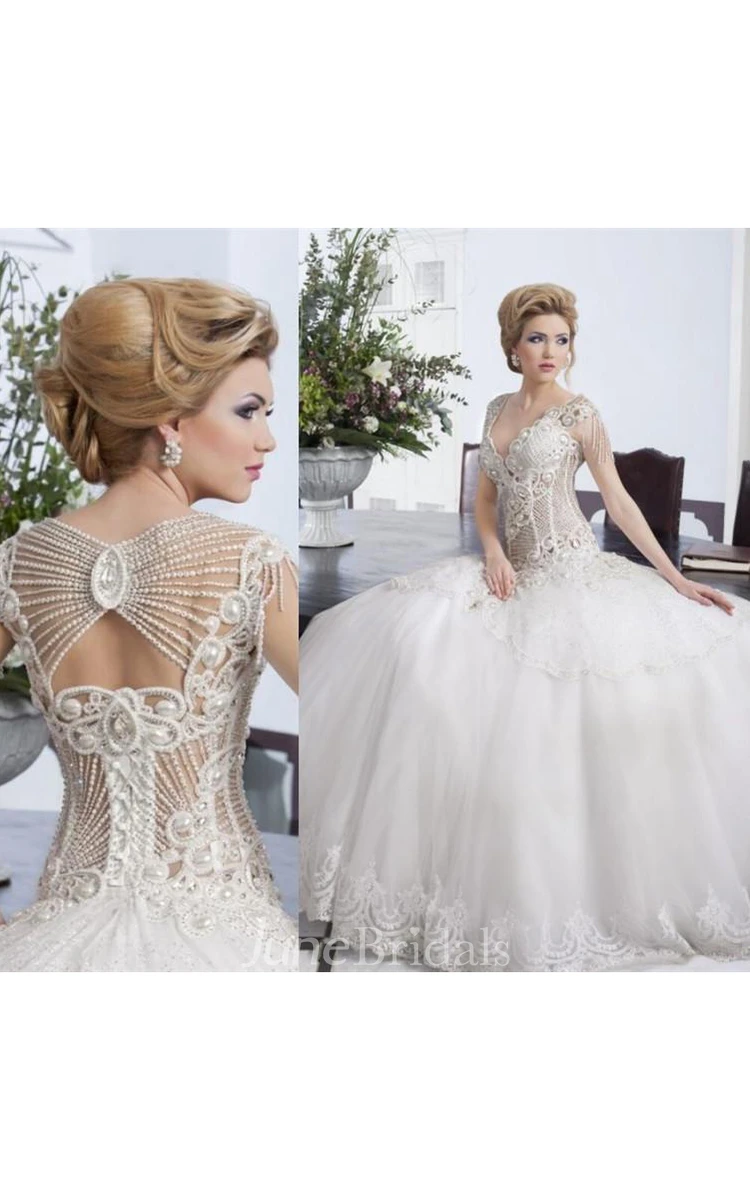 Glamorous Beadings Ball Gown Wedding Dress Tulle Lace Bridal Gown