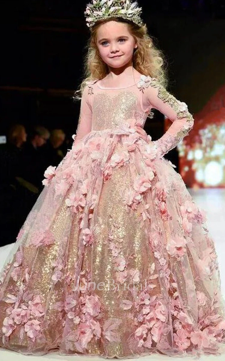 Ball Gown Floral Sequin Bateau Illusion Sleeve Flower Girl Dress