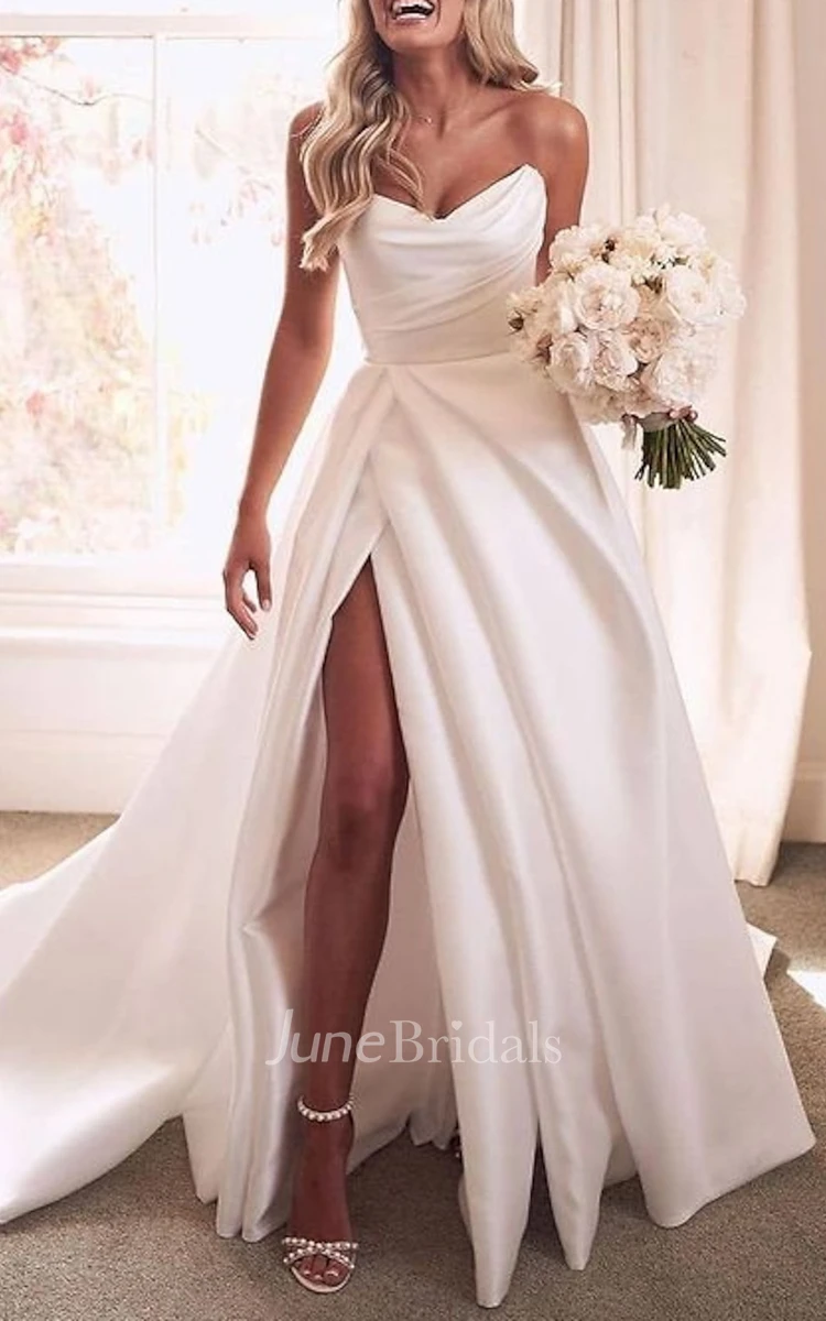Elegant Sexy Casual Wedding Dress Simple A-Line Strapless Court Train Satin Gown with Ruching and Split Front