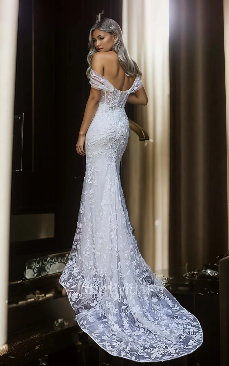 Sexy Romantic Lace Tulle Mermaid Off-the-shoulder Plunging Neckline Wedding Dress Floor-length Sleeveless Appliques Bridal Gown with Open Zipper Back Court Train