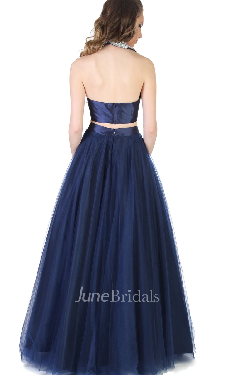 A-Line Long Sleeveless Beaded Tulle Prom Dress With Pleats