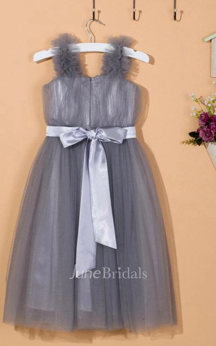Ruffled Strapped Tulle&Satin Dress With Flower