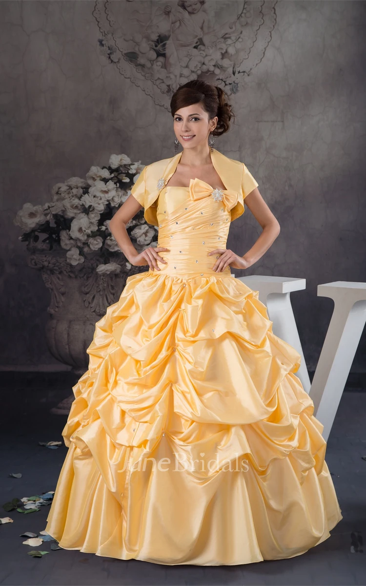 Strapless Ruched Pick-Up Ball Gown with Bow and Bolero