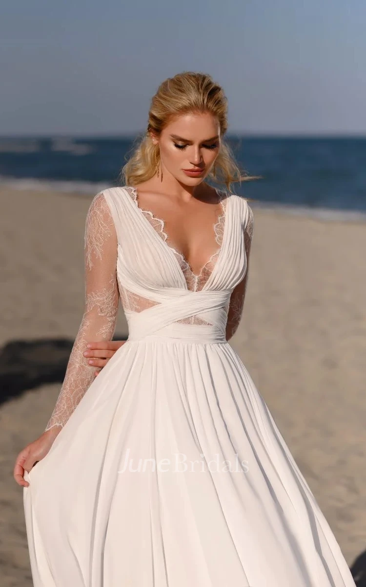 A-Line Elegant Illusion Lace Long Sleeve Chiffon Floor Length With Button Down Wedding Dress