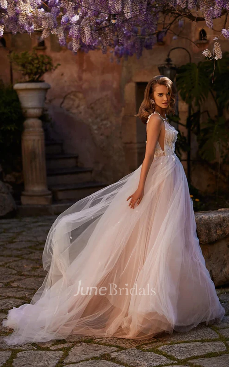 A-Line V-neck Tulle Wedding Dress Sexy Deep-V Back Beach Gown With Court Train And Lace Appliques