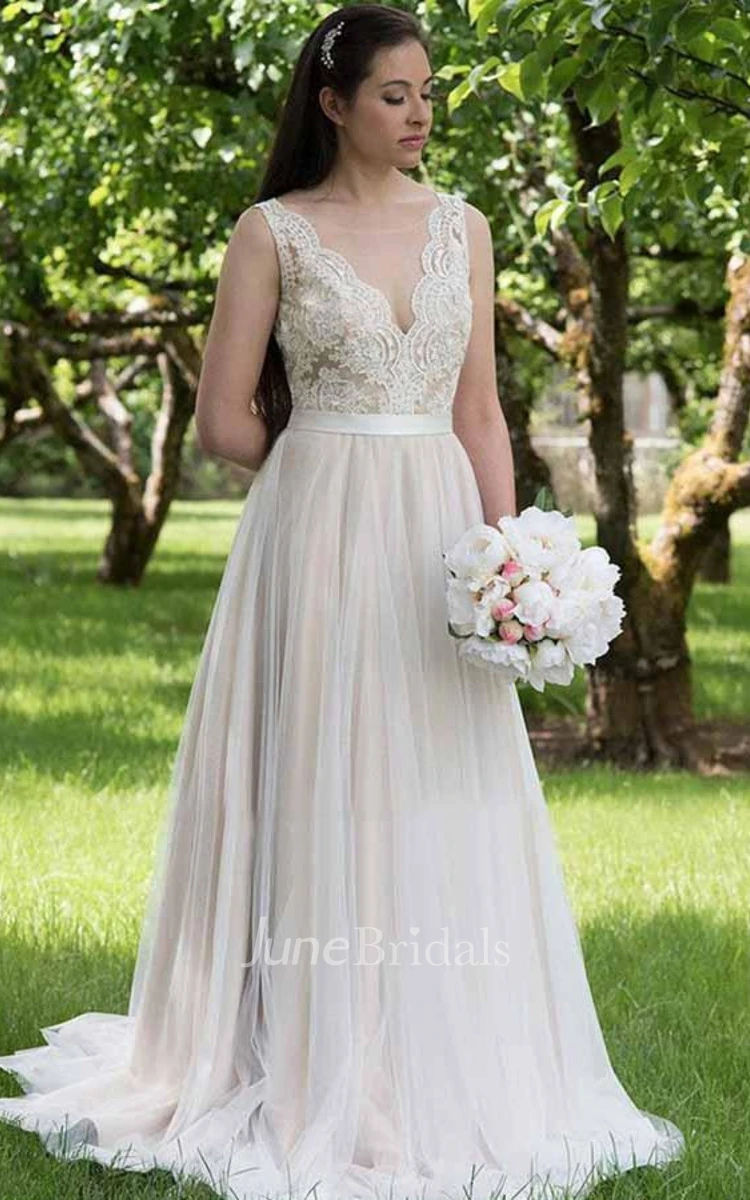 Illusion V-Neck A-Line Tulle Wedding Dress With Tulle Skirt.
