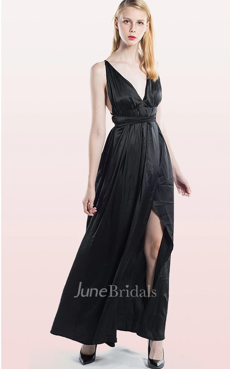 A Line V-neck Cowel Satin Evening Dress With Ruffles and Split Front