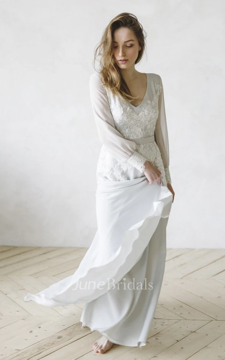 Chiffon Split Wedding Gown With Long Poet Sleeve And V-neck And Lace Appliques