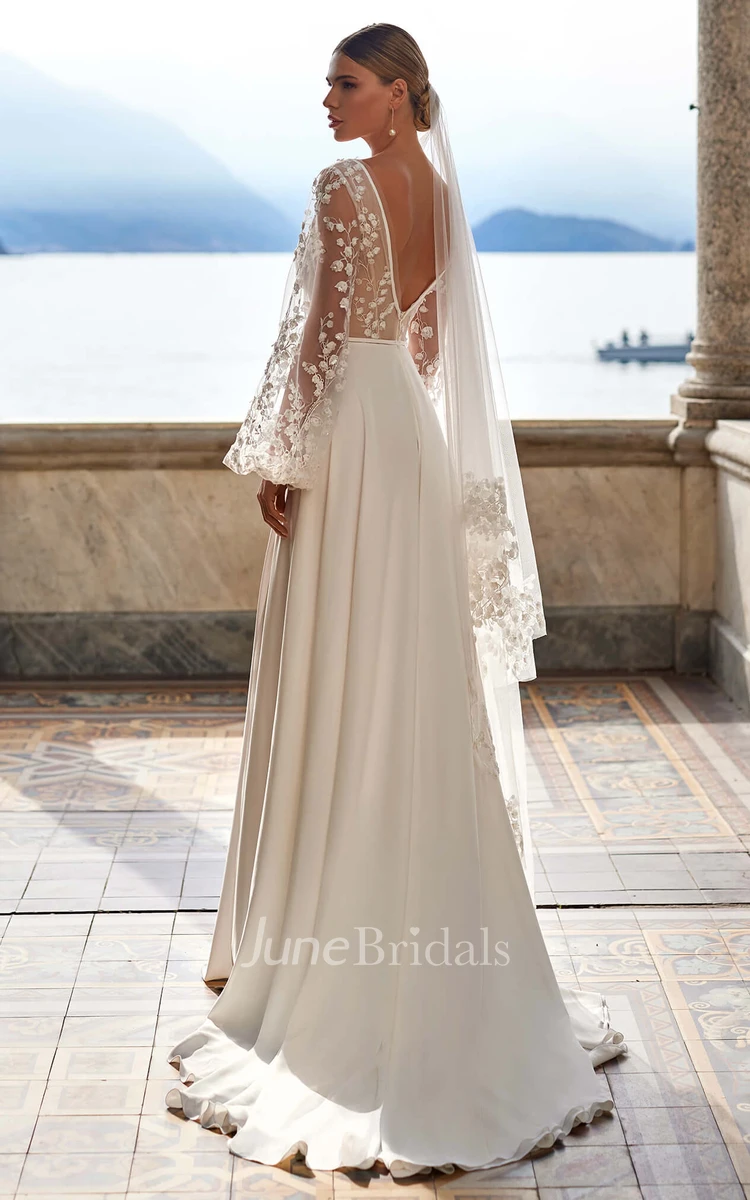 Bohemian A-Line V-neck Chiffon Wedding Dress With Deep-V Back And Appliques 