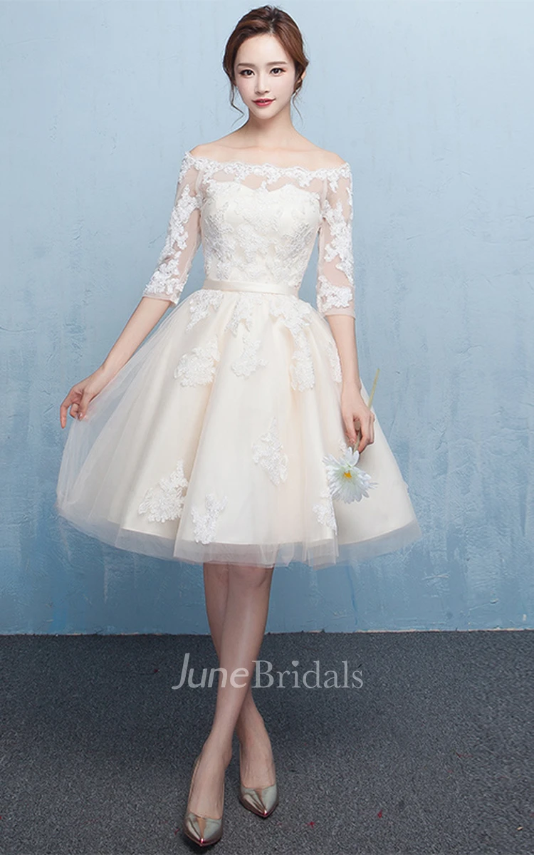Lace Tulle Off-the-shoulder Knee-length Prom Dress With Appliques