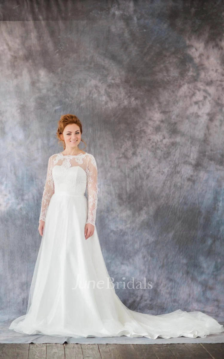 Romantic Long Sleeve A-Line Organza Wedding Dress With Chapel Train