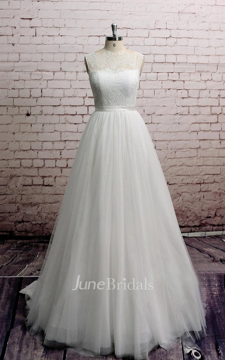Princess High-Neck Sleeveless Long A-Line Tulle Dress With Lace Bodice