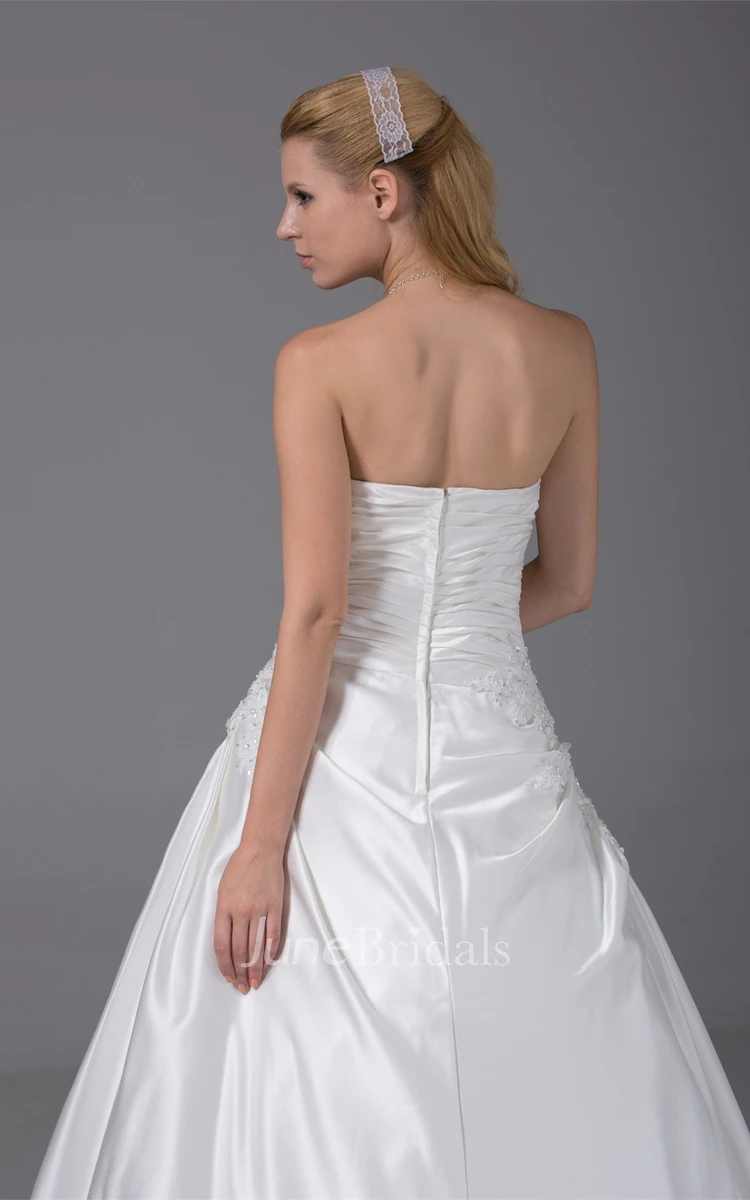 Strapless Ruched Satin Ball Gown with Appliques and Pick Up