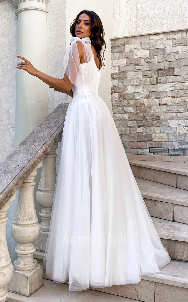 Spaghetti Satin Tulle V-neck Simple And Cute Wedding Dress With Bows On Shoulder
