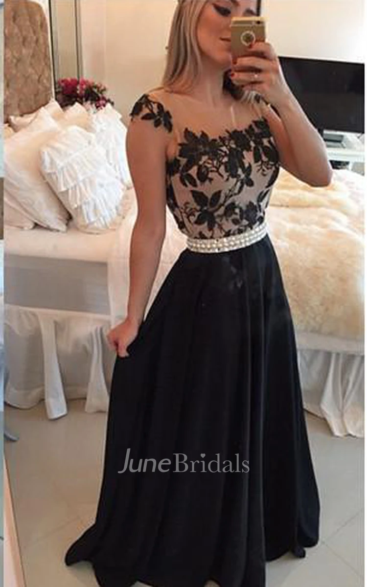 Elegant Square Chiffon Black Prom Dress Appliques Pearls