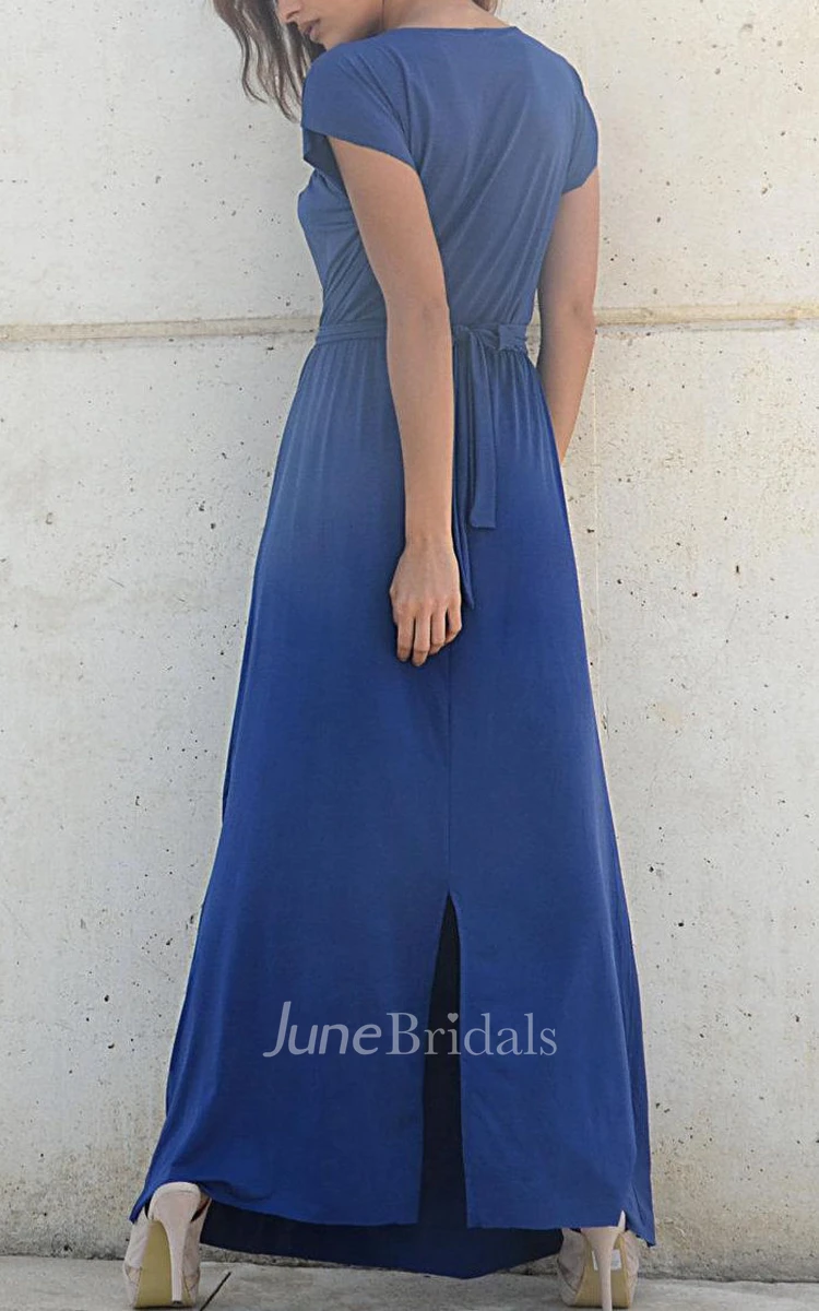 Fall Blue Bridesmaid Symmetrical Folds On Neckline Floor Length Bridesmaid Dress