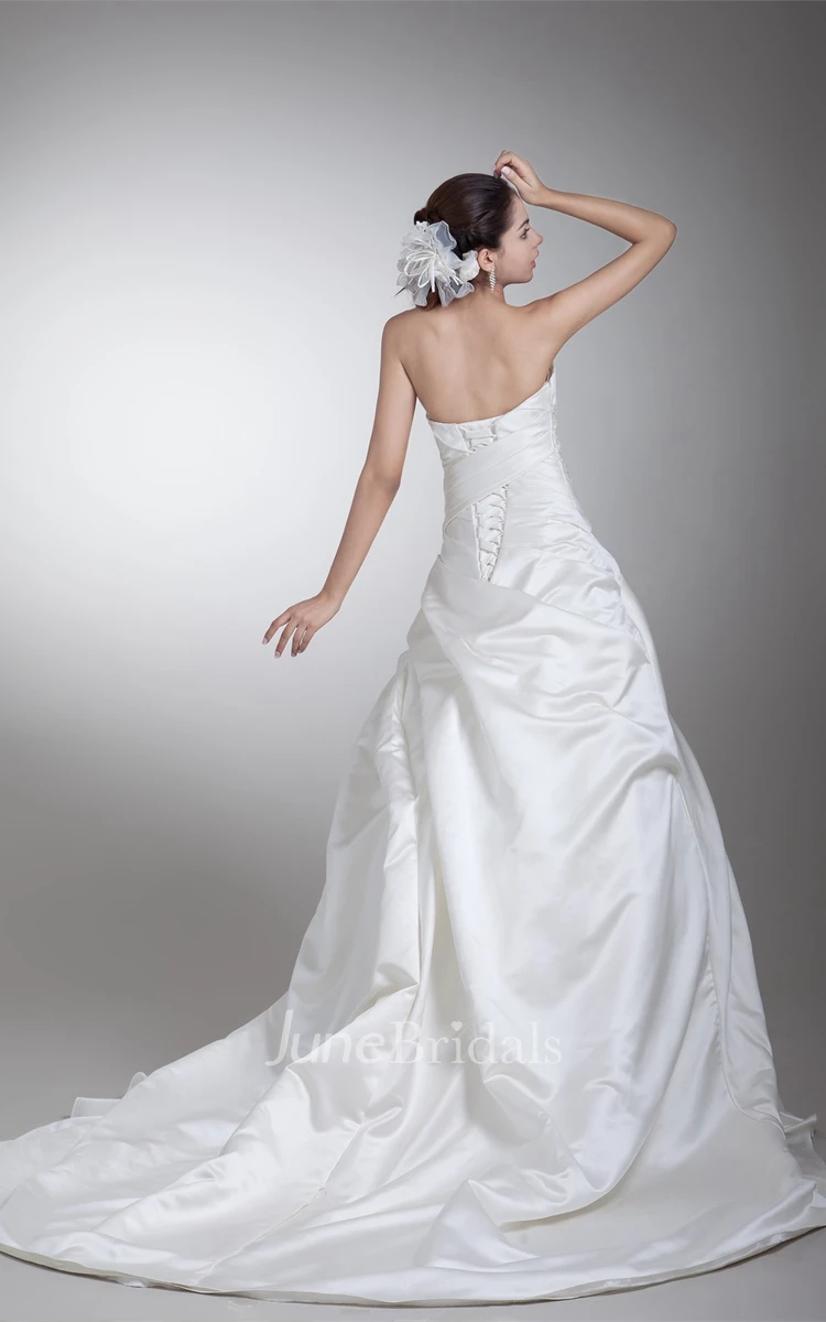 strapless a-line ball ruched gown with corset back and appliques