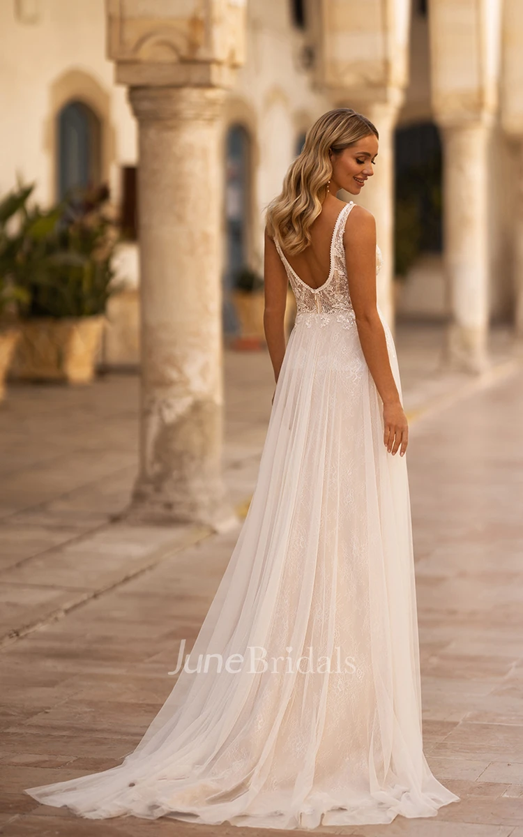 Plunging V-neck A-Line Floor-length Elegant Sleeveless Tulle Wedding Dress With Deep-V Back